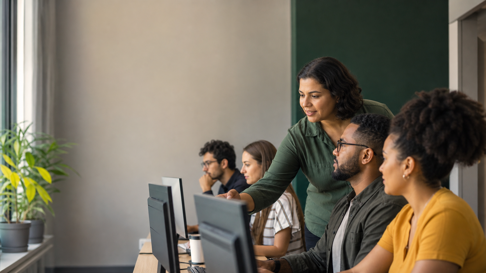 Instrutora orientando adultos em atividade de capacitação profissional